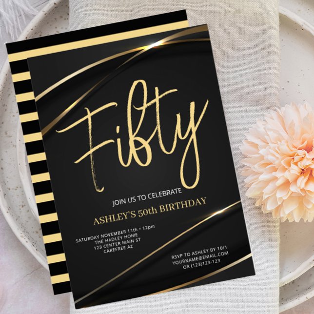 Fifty Modern Gold Black 50th Birthday Invitation (Creator Uploaded)