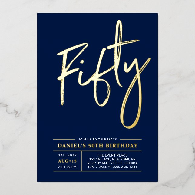 Fifty | Modern Gold Navy 50th Birthday Party (Front)
