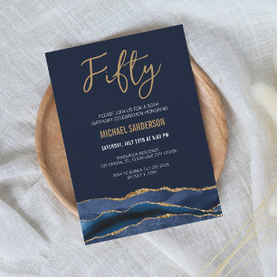 Fifty   Navy Blue Gold Agate Men's 50th Birthday Invitation