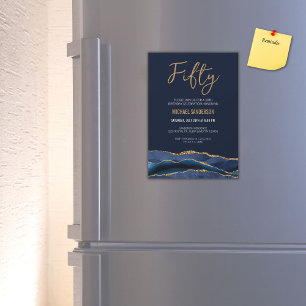 Fifty   Navy Blue Gold Agate Men's 50th Birthday Magnetic Invitation