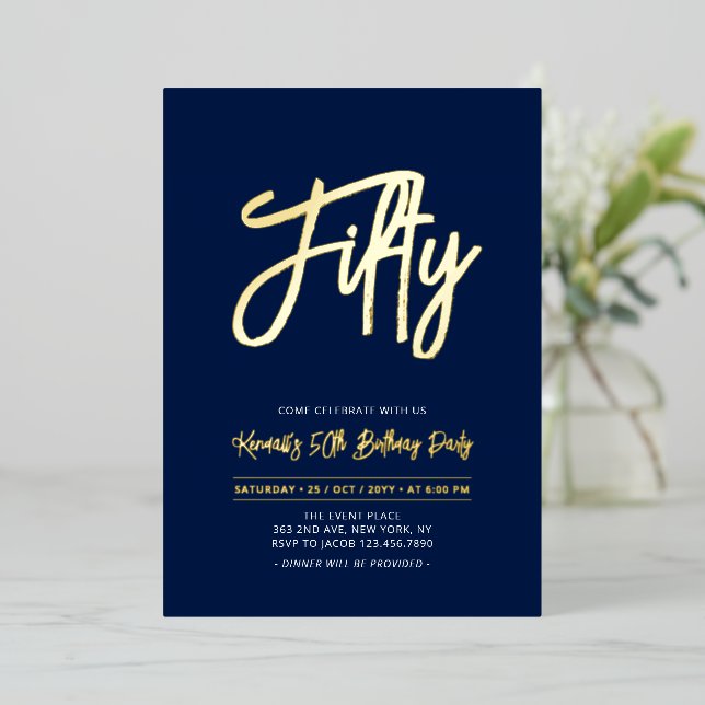 Fifty | Navy Chic Script 50th Birthday Party (Standing Front)