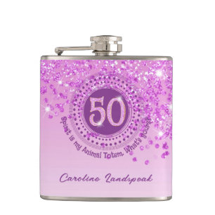 Fifty & Pink Glitter & Drinking Quote Hip Flask