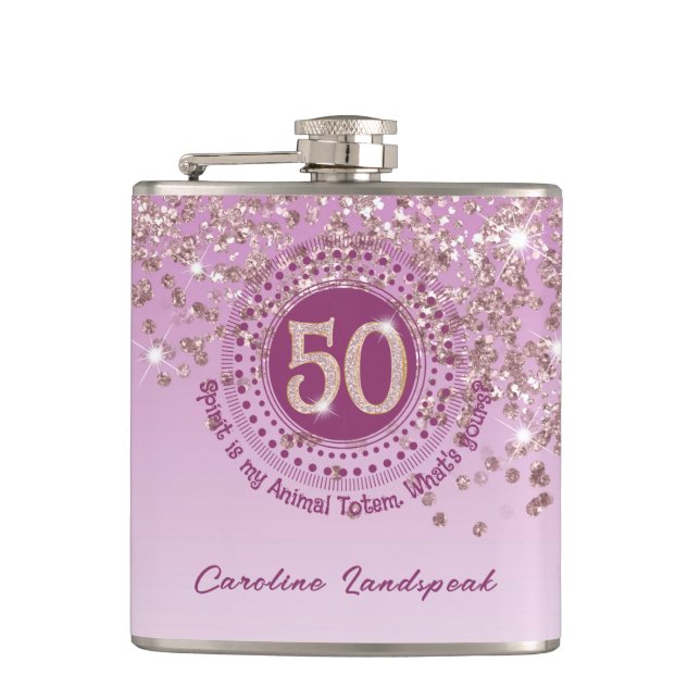 Fifty & Rose Gold Glitter & Drinking Quote Hip Flask (Front)