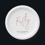Fifty Rose Gold Lettering 50th Birthday Party Paper Plate<br><div class="desc">This custom paper plate will add stylish detail to the modern gold 50th birthday. This design features chic rose gold lettering "Fifty" with custom text. Matching invitations and party supplies are available in my shop BaraBomDesign.</div>