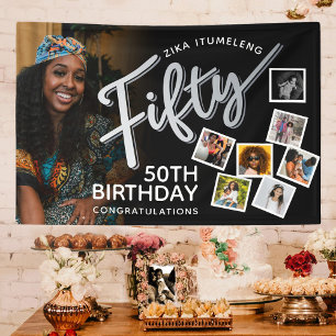 Fifty silver 50th Birthday photos on black Banner