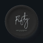 Fifty Silver & Black Lettering 50th birthday Paper Plate<br><div class="desc">This custom paper plate will add stylish detail to the modern silver 50th birthday. This design features simple chic lettering "Fifty" with custom text. Matching invitations and party supplies are available in my shop BaraBomDesign.</div>