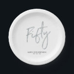 Fifty Silver Lettering 50th birthday Paper Plates<br><div class="desc">This custom paper plate will add stylish detail to the modern silver 50th birthday. This design features simple chic lettering "Fifty" with custom text. Matching invitations and party supplies are available in my shop BaraBomDesign.</div>