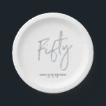 Fifty Silver Lettering 50th birthday Paper Plates<br><div class="desc">This custom paper plate will add stylish detail to the modern silver 50th birthday. This design features simple chic lettering "Fifty" with custom text. Matching invitations and party supplies are available in my shop BaraBomDesign.</div>