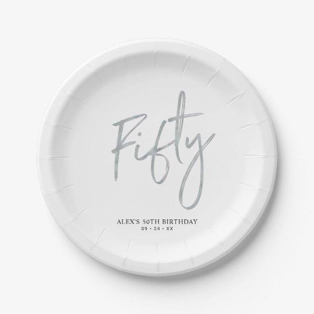Fifty Silver Lettering 50th birthday Paper Plates (Front)