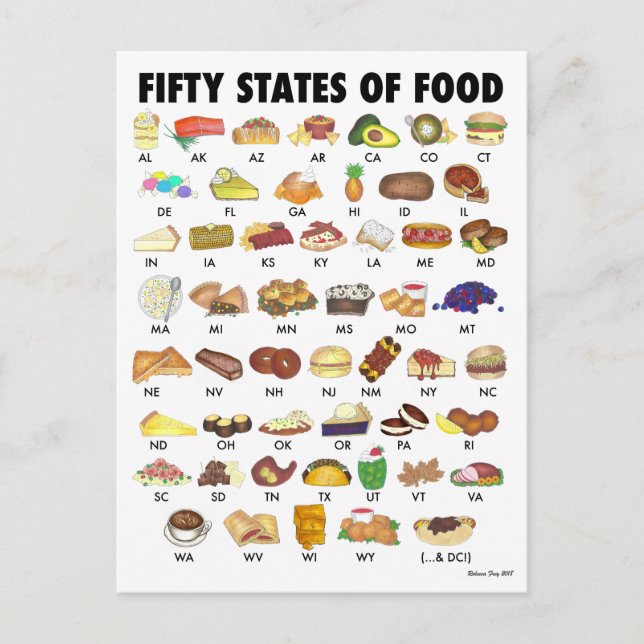 FIFTY STATES OF FOOD United States America USA Art Postcard (Front)