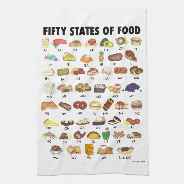FIFTY STATES OF FOOD United States America USA Art Tea Towel (Vertical)