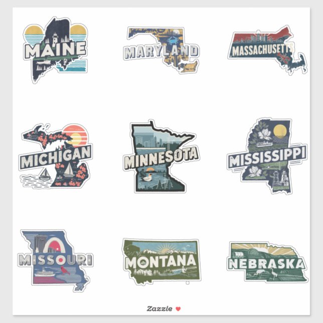 Fifty States Retro Sticker Set Part 3 (Sheet)