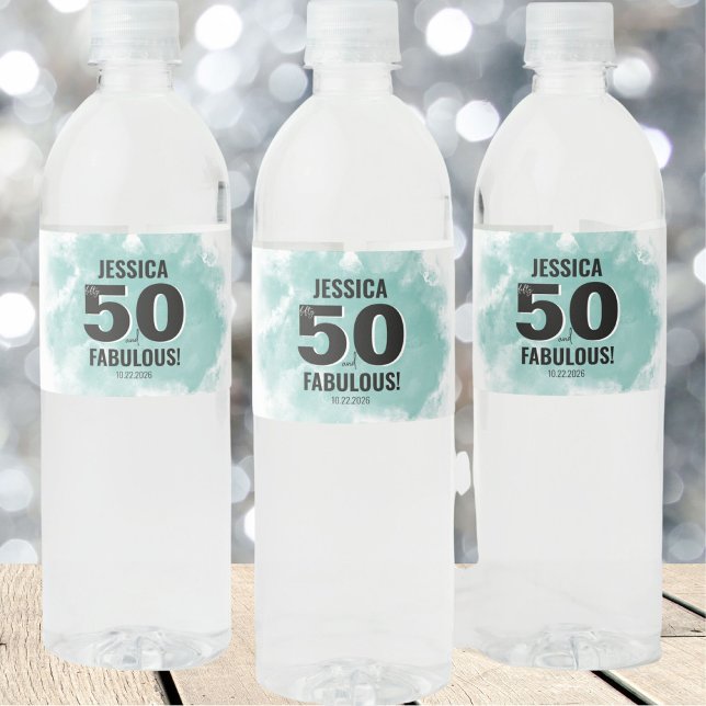 Fifty Years Old 50th Birthday Water Bottle Label (Modern Teal Fifty Fabulous 50th Birthday Water Bottle Label )