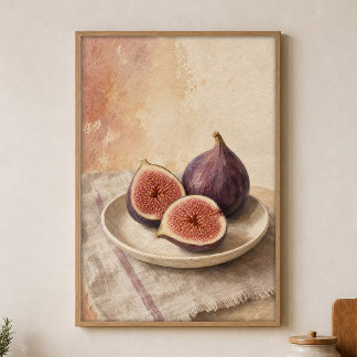 Fig Halves on a Ceramic Plate Watercolour Poster