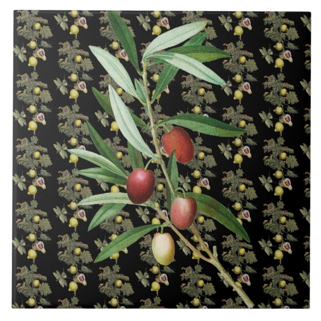 Fig Leaf and Olive Branch Botanic Black Rustic Ceramic Tile (Front)