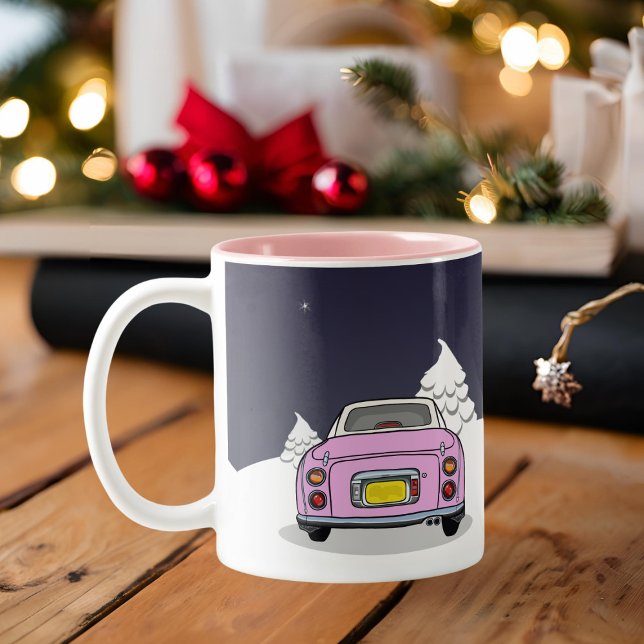 Figarations Figmas Holiday Pink Figaro Car Two-Tone Coffee Mug (Happy Figmas! Add your name to this festive figaro mug)