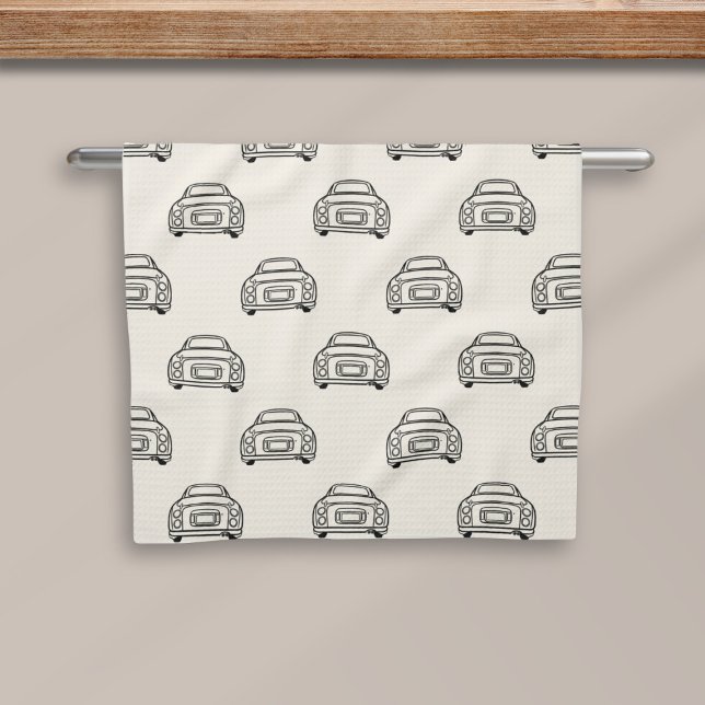 Figarations Line Art Figaro Car Garage Hand Towel (Cute cream kitchen towel full of figaro cars)