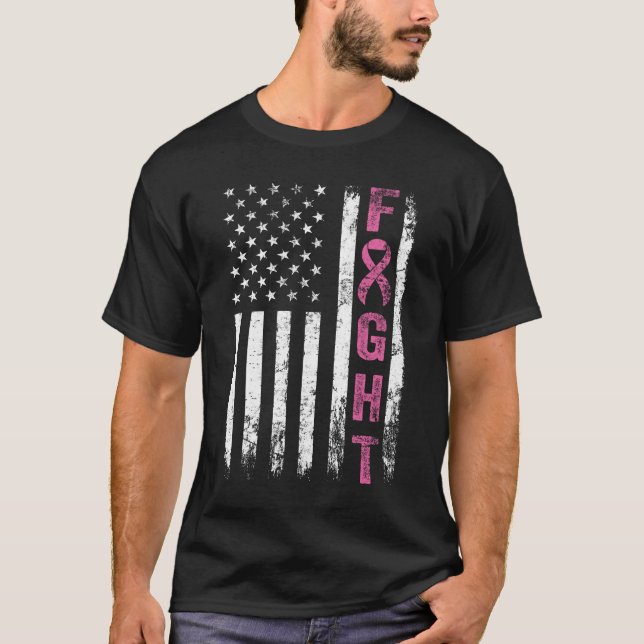 Fight Breast Survivor American Flag Breast Cancer T-Shirt (Front)