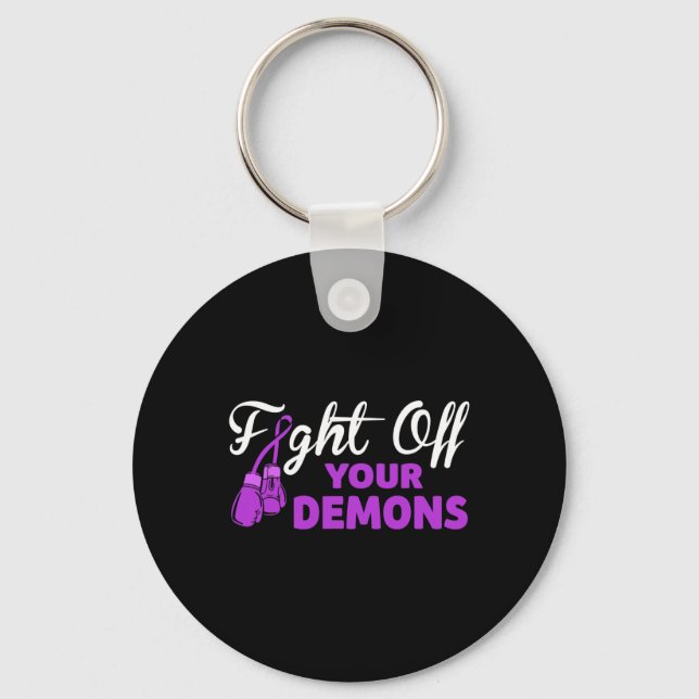Fight Off Your Demons Purple Ribbon Boxing Gloves  Key Ring (Front)