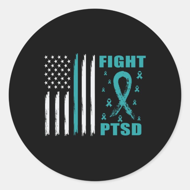 Fight Ptsd Teal Ribbon And Flag  Classic Round Sticker (Front)