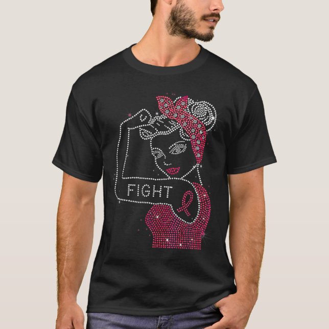 Fight Rosie the Riveter Rhinestone Breast Cancer T-Shirt (Front)