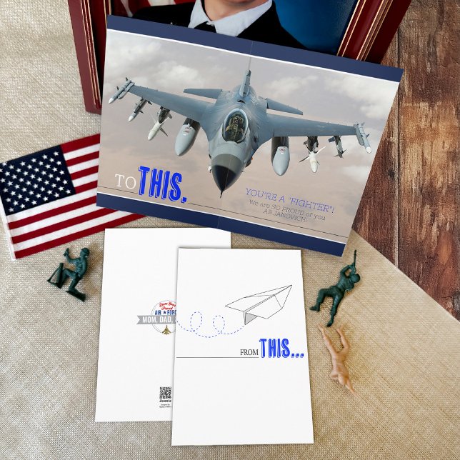 Fighter Aeroplane Air Force Basic Training Grad Card (From this to THIS paper airplane F-16 Jet, You're A Fighter, Air Force BMT Basic Military Training)