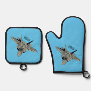 Fighter aircraft cartoon illustration oven mitt & pot holder set