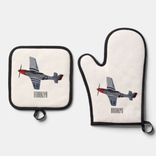 Fighter-bomber cartoon illustration oven mitt & pot holder set