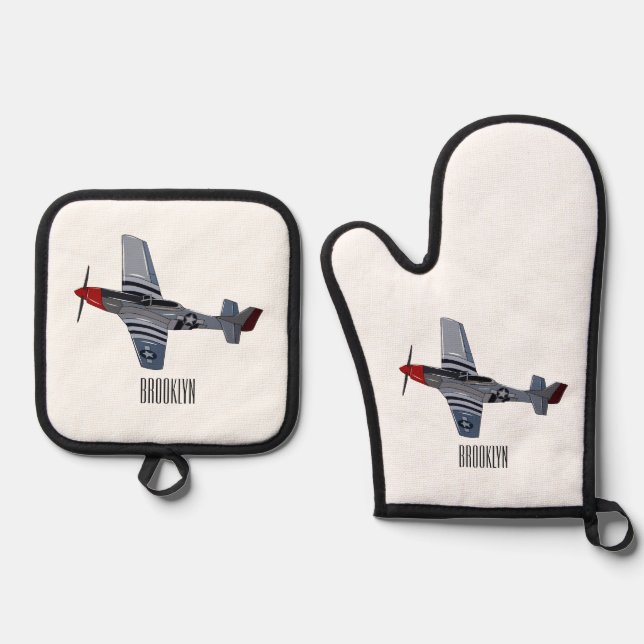 Fighter-bomber cartoon illustration oven mitt & pot holder set (Front)