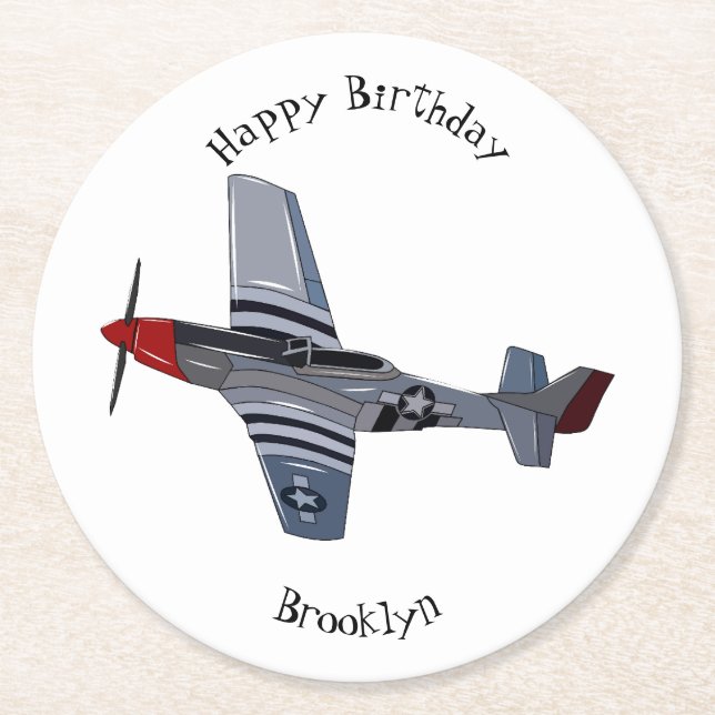 Fighter-bomber cartoon illustration round paper coaster (Front)