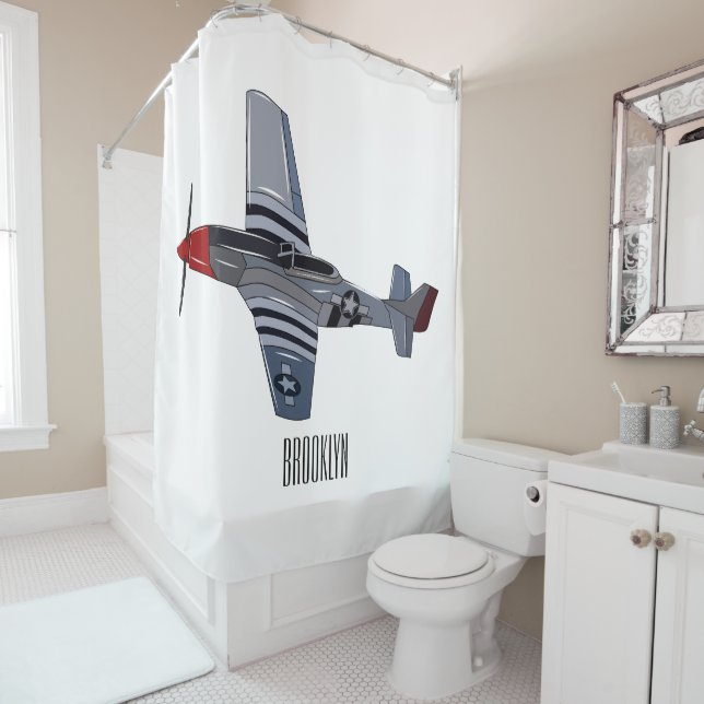 Fighter-bomber cartoon illustration shower curtain (In Situ)