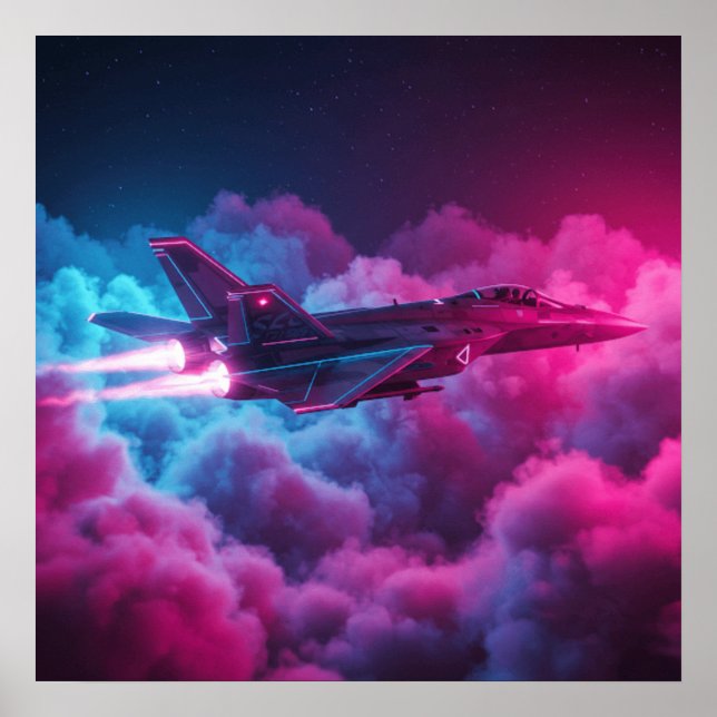 Fighter Jet Above The Clouds Colourful Poster (Front)