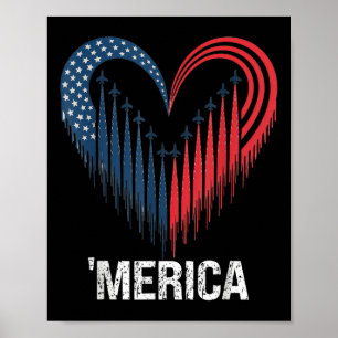 Fighter Jet Aeroplane American Flag Heart 4th Of J Poster
