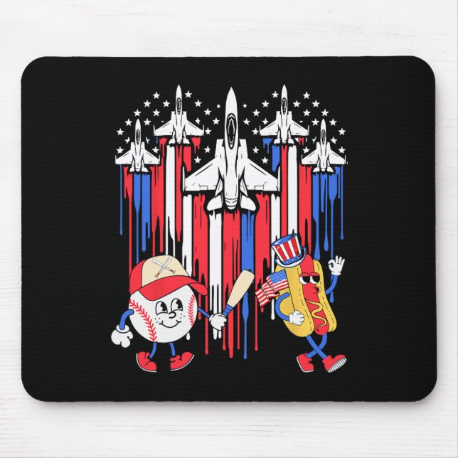 Fighter Jet Aeroplane Usa Flag Baseball 4th Of Jul Mouse Pad (Front)