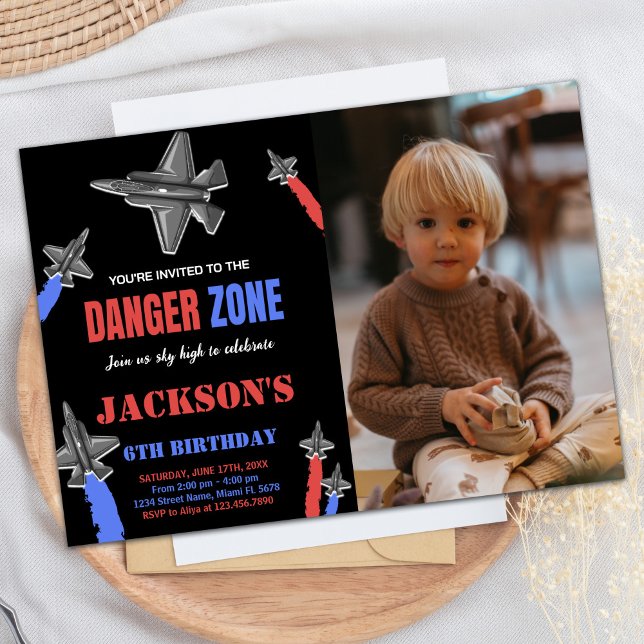Fighter Jet Birthday Black Red Blue Grey w photo Invitation (Fighter Jet Birthday Black Red Blue Gray w photo Invitation)
