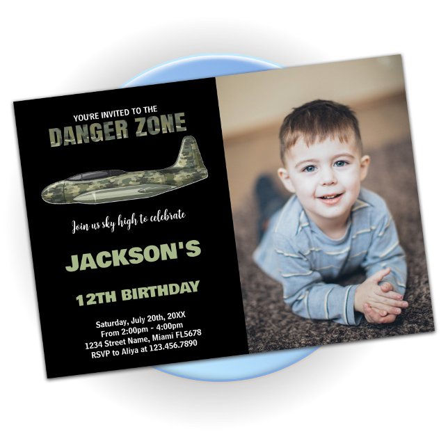 Fighter Jet Birthday Invitations Black with photo (Fighter Jet Birthday Invitations Black with photo)