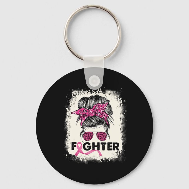 Fighter Messy Bun Breast Cancer Awareness Pink War Key Ring (Front)