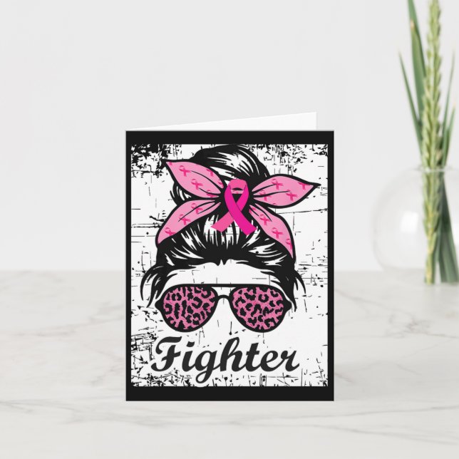Fighter Messy Bun Pink Warrior Breast Cancer Aware Card (Front)