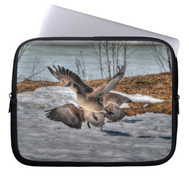 Fighting Canada Geese on Snow Wildlife Scene Laptop Sleeve (Front)