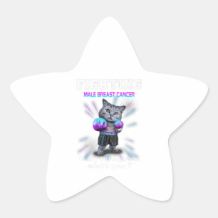 Fighting Cat Male Breast Cancer Awareness Star Sticker