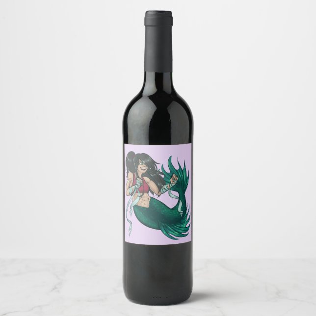 Fighting Green Mermaid Tough Fantasy Wine Label (Front)