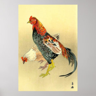 Fighting Rooster and Hen Tsuji Kako 1900-1910s Poster