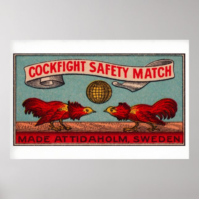 Fighting Roosters Matchbox Art Print, Swedish Poster (Front)