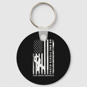 Fights Lung Cancer Alone American Flag White Ribbo Key Ring