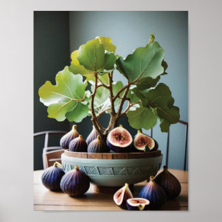 Figs in a Blue Bowl on a Rustic Table Poster