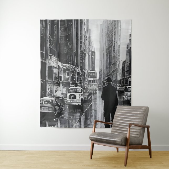 Figure in the rain black and white - art tapestry (In Situ)