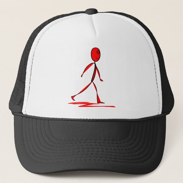 Figure Man Stick Ribbon Red Walking Stroll Human Trucker Hat (Front)