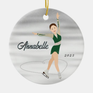 Figure Skater Burnette in Green Ceramic Ornament