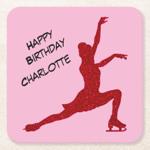 Figure Skating Birthday Pink / Red Square Paper Coaster