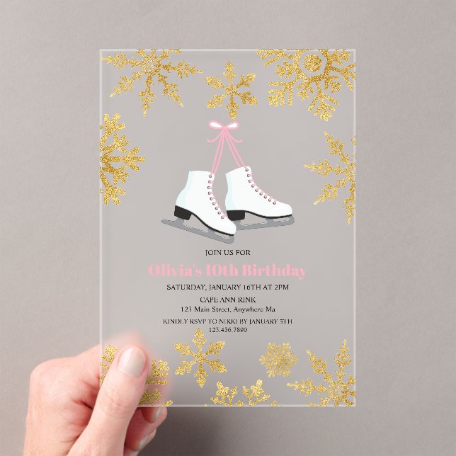 Figure Skating Pink Gold Snowflake Birthday Acrylic Invitations (Insitu (Handheld))